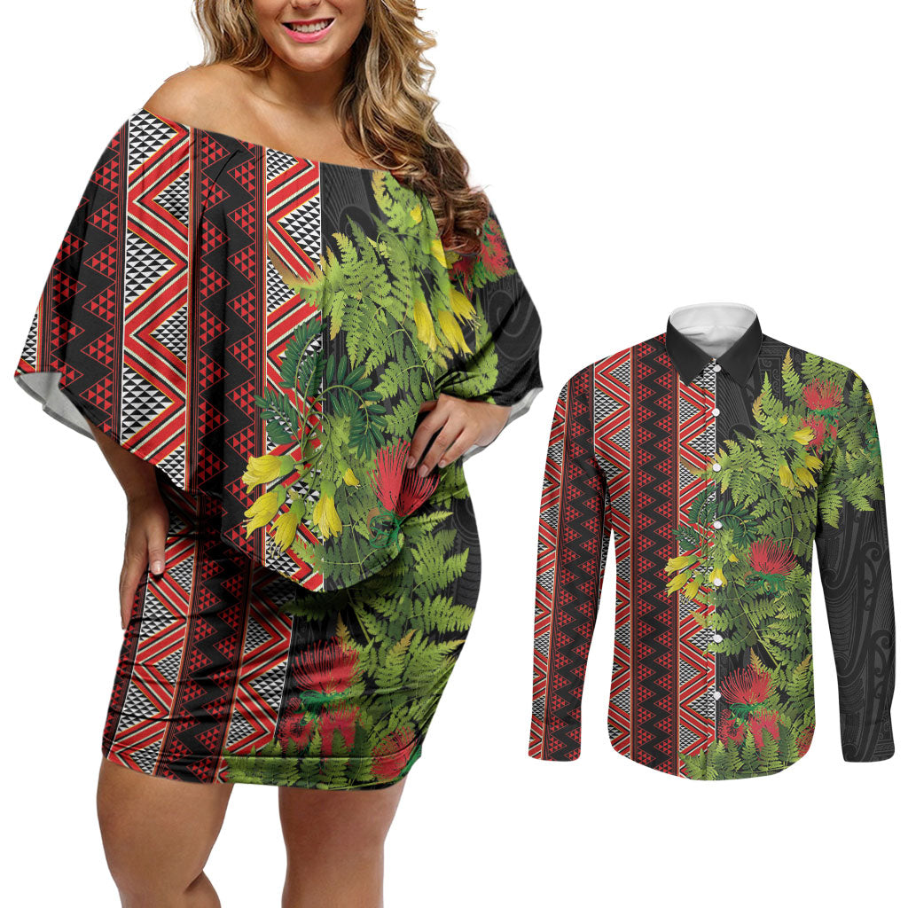 Maori Tukutuku Couples Matching Off Shoulder Short Dress and Long Sleeve Button Shirt with Ferns Pohutukawa and Kowhai Tribal Moko Patterns LT03 Multicolor - Polynesian Pride