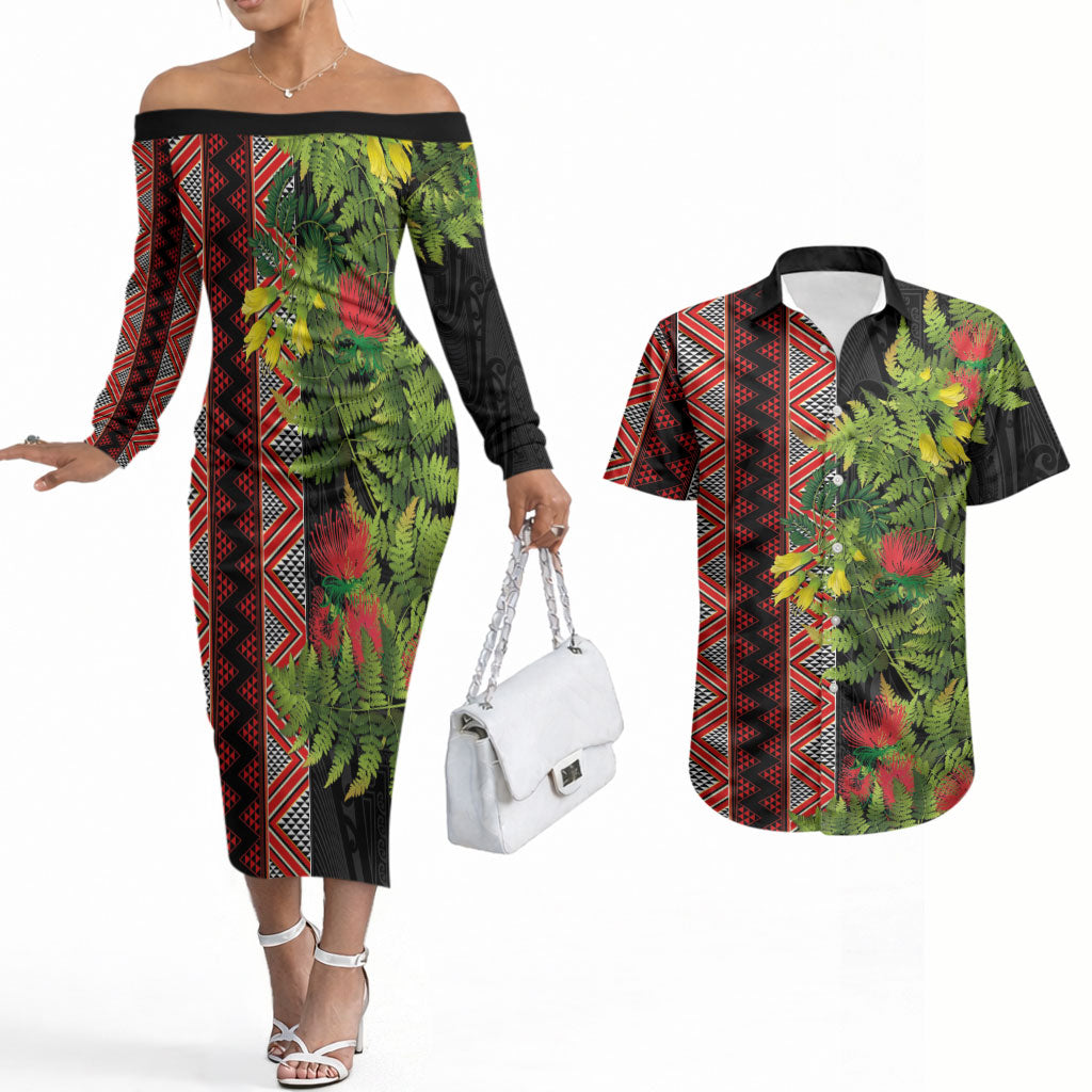 Maori Tukutuku Couples Matching Off The Shoulder Long Sleeve Dress and Hawaiian Shirt with Ferns Pohutukawa and Kowhai Tribal Moko Patterns LT03 Multicolor - Polynesian Pride