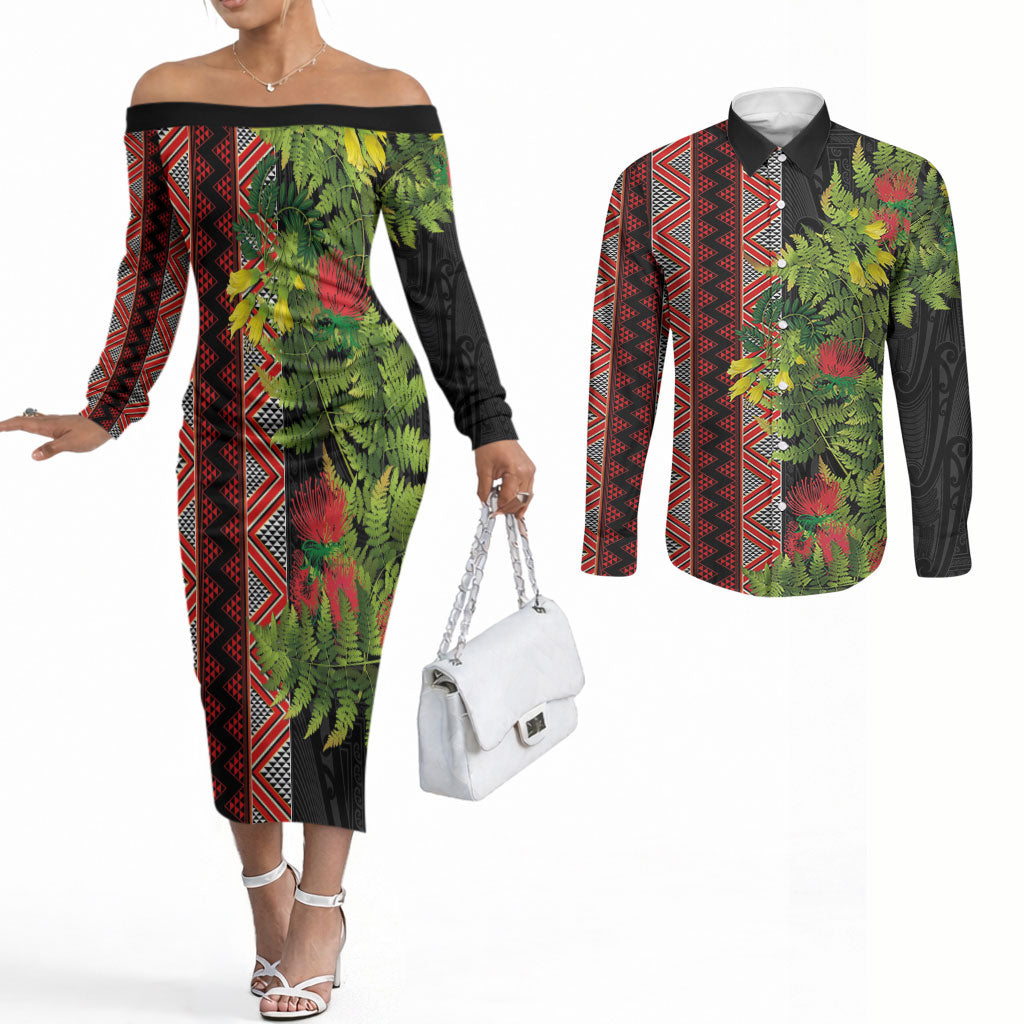 Maori Tukutuku Couples Matching Off The Shoulder Long Sleeve Dress and Long Sleeve Button Shirt with Ferns Pohutukawa and Kowhai Tribal Moko Patterns LT03 Multicolor - Polynesian Pride