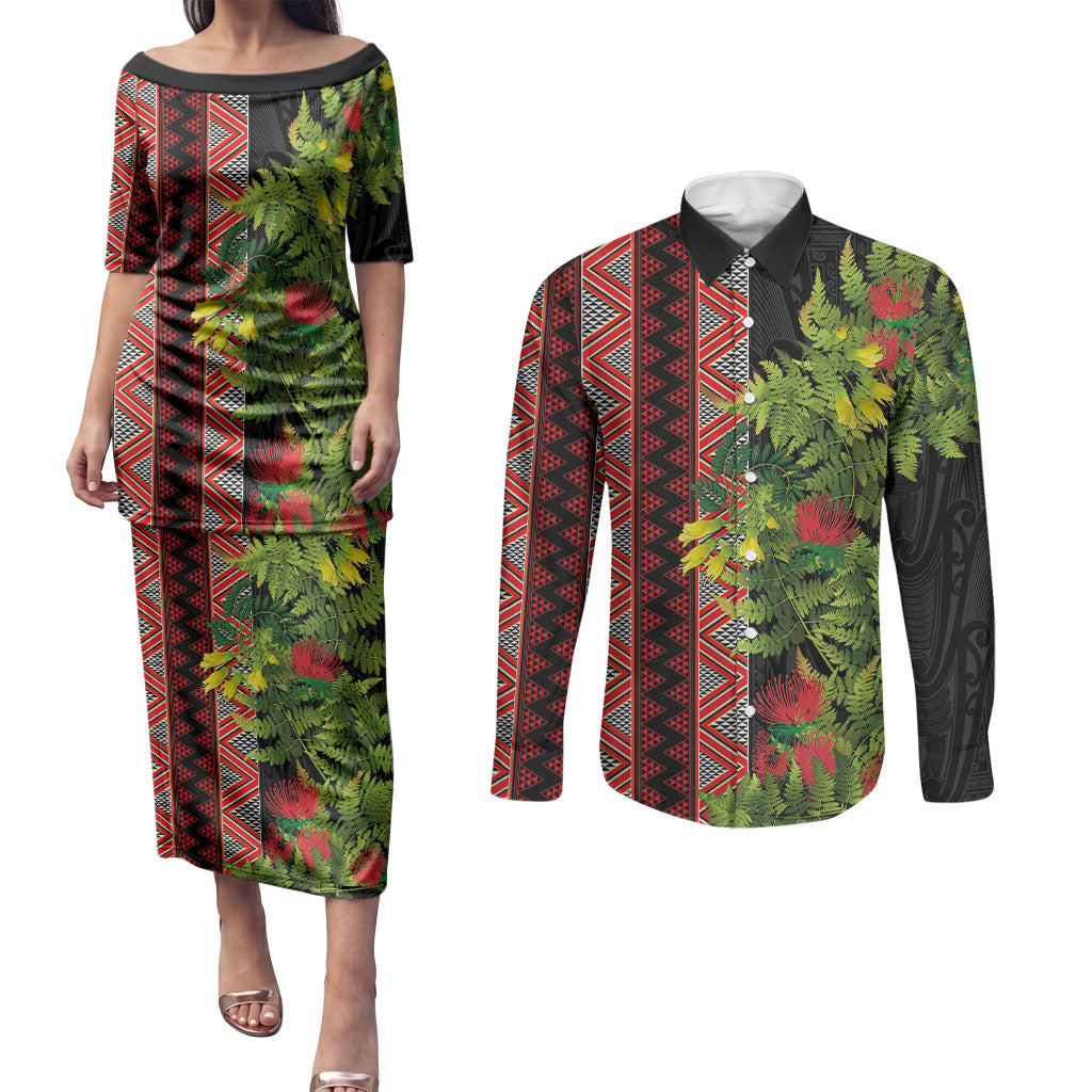 Maori Tukutuku Couples Matching Puletasi and Long Sleeve Button Shirt with Ferns Pohutukawa and Kowhai Tribal Moko Patterns LT03 Multicolor - Polynesian Pride