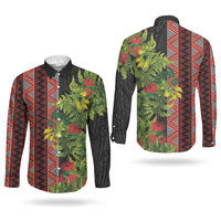 Maori Tukutuku Couples Matching Puletasi and Long Sleeve Button Shirt with Ferns Pohutukawa and Kowhai Tribal Moko Patterns LT03 - Polynesian Pride