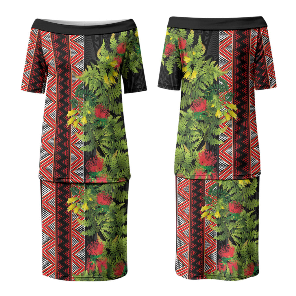 Maori Tukutuku Couples Matching Puletasi and Long Sleeve Button Shirt with Ferns Pohutukawa and Kowhai Tribal Moko Patterns LT03 - Polynesian Pride