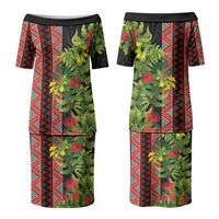 Maori Tukutuku Couples Matching Puletasi and Long Sleeve Button Shirt with Ferns Pohutukawa and Kowhai Tribal Moko Patterns LT03 - Polynesian Pride