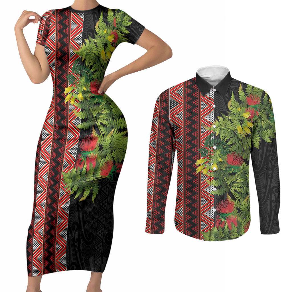 Maori Tukutuku Couples Matching Short Sleeve Bodycon Dress and Long Sleeve Button Shirt with Ferns Pohutukawa and Kowhai Tribal Moko Patterns LT03 Multicolor - Polynesian Pride
