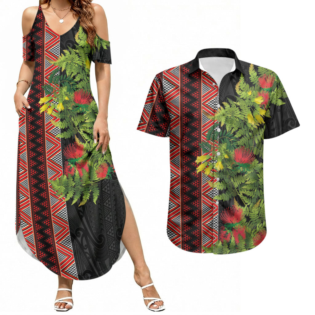 Maori Tukutuku Couples Matching Summer Maxi Dress and Hawaiian Shirt with Ferns Pohutukawa and Kowhai Tribal Moko Patterns LT03 Multicolor - Polynesian Pride