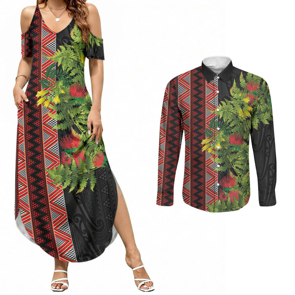 Maori Tukutuku Couples Matching Summer Maxi Dress and Long Sleeve Button Shirt with Ferns Pohutukawa and Kowhai Tribal Moko Patterns LT03 Multicolor - Polynesian Pride