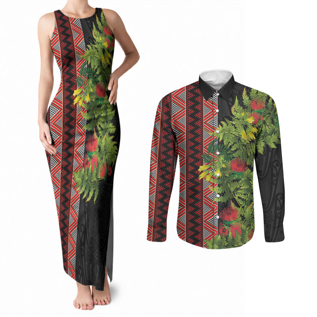Maori Tukutuku Couples Matching Tank Maxi Dress and Long Sleeve Button Shirt with Ferns Pohutukawa and Kowhai Tribal Moko Patterns LT03 Multicolor - Polynesian Pride