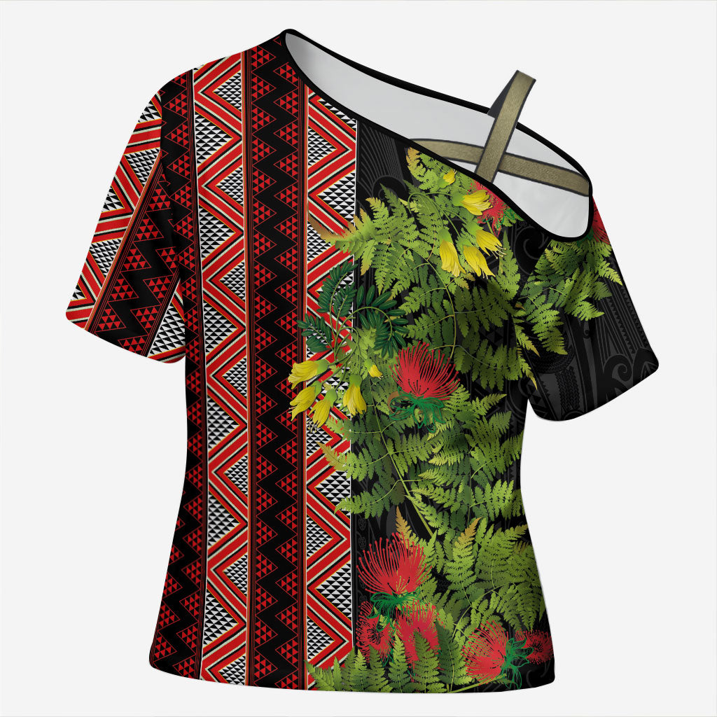 Maori Tukutuku Cross Shoulder Shirt with Ferns Pohutukawa and Kowhai Tribal Moko Patterns LT03 Female Multicolor - Polynesian Pride