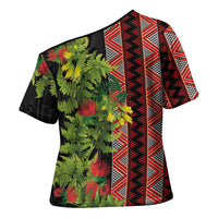 Maori Tukutuku Cross Shoulder Shirt with Ferns Pohutukawa and Kowhai Tribal Moko Patterns