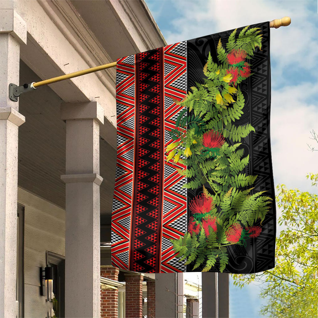 Maori Tukutuku Garden Flag with Ferns Pohutukawa and Kowhai Tribal Moko Patterns LT03 House Flag Multicolor - Polynesian Pride