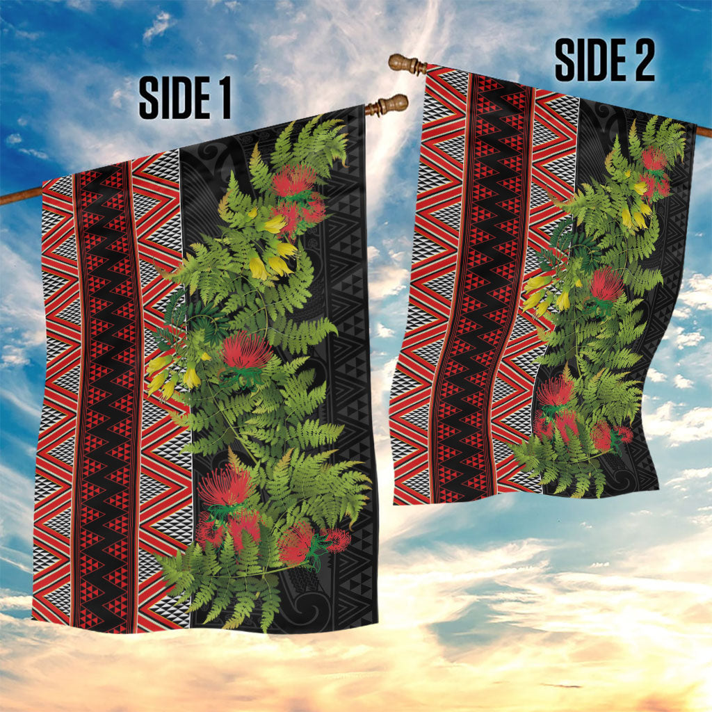 Maori Tukutuku Garden Flag with Ferns Pohutukawa and Kowhai Tribal Moko Patterns LT03 - Polynesian Pride