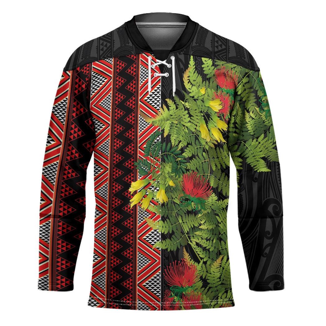 Maori Tukutuku Hockey Jersey with Ferns Pohutukawa and Kowhai Tribal Moko Patterns LT03 Unisex Multicolor - Polynesian Pride