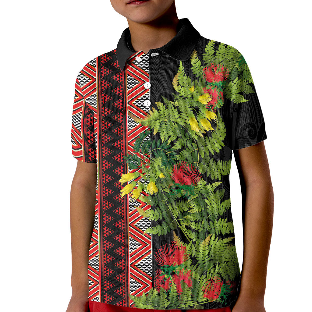 Maori Tukutuku Kid Polo Shirt with Ferns Pohutukawa and Kowhai Tribal Moko Patterns LT03 Kid Multicolor - Polynesian Pride