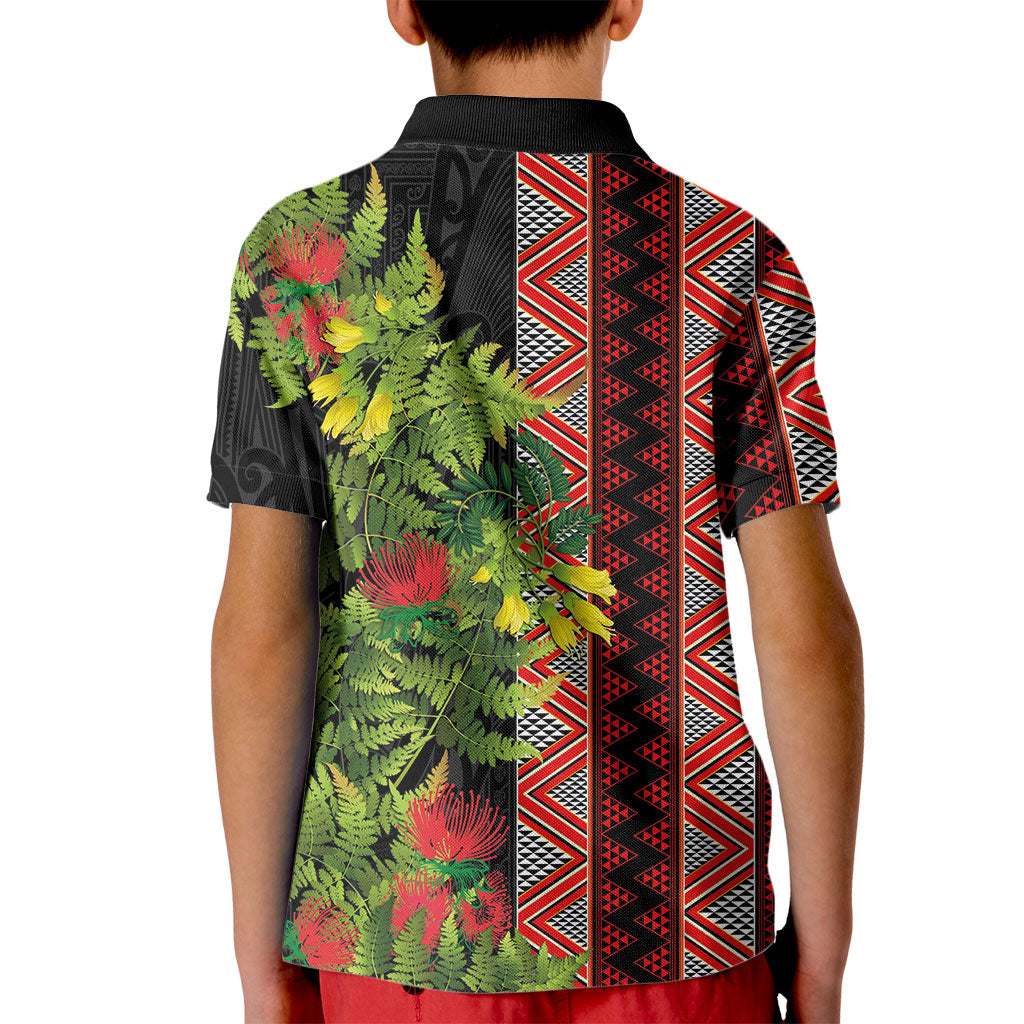 Maori Tukutuku Kid Polo Shirt with Ferns Pohutukawa and Kowhai Tribal Moko Patterns