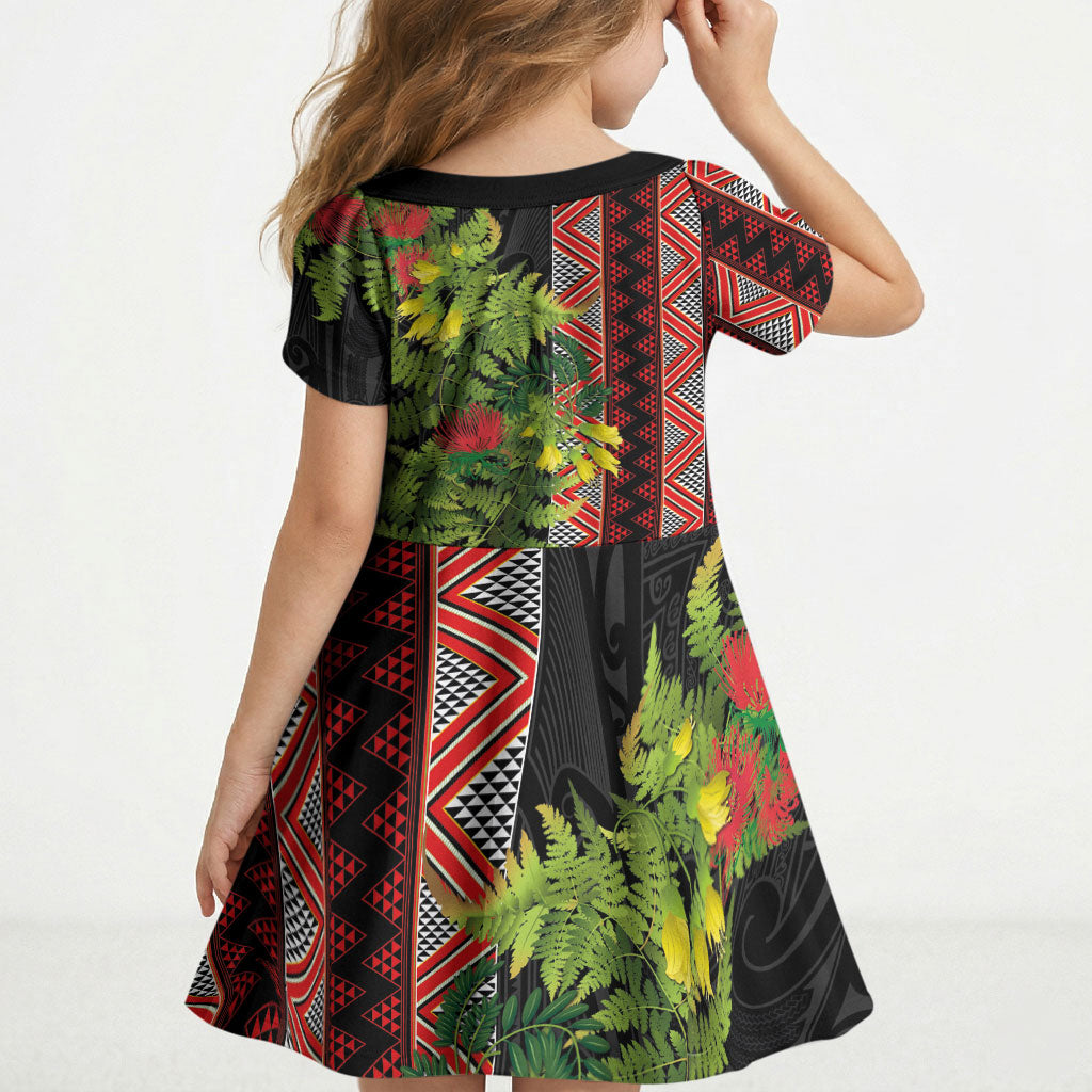 Maori Tukutuku Kid Short Sleeve Dress with Ferns Pohutukawa and Kowhai Tribal Moko Patterns LT03 - Polynesian Pride