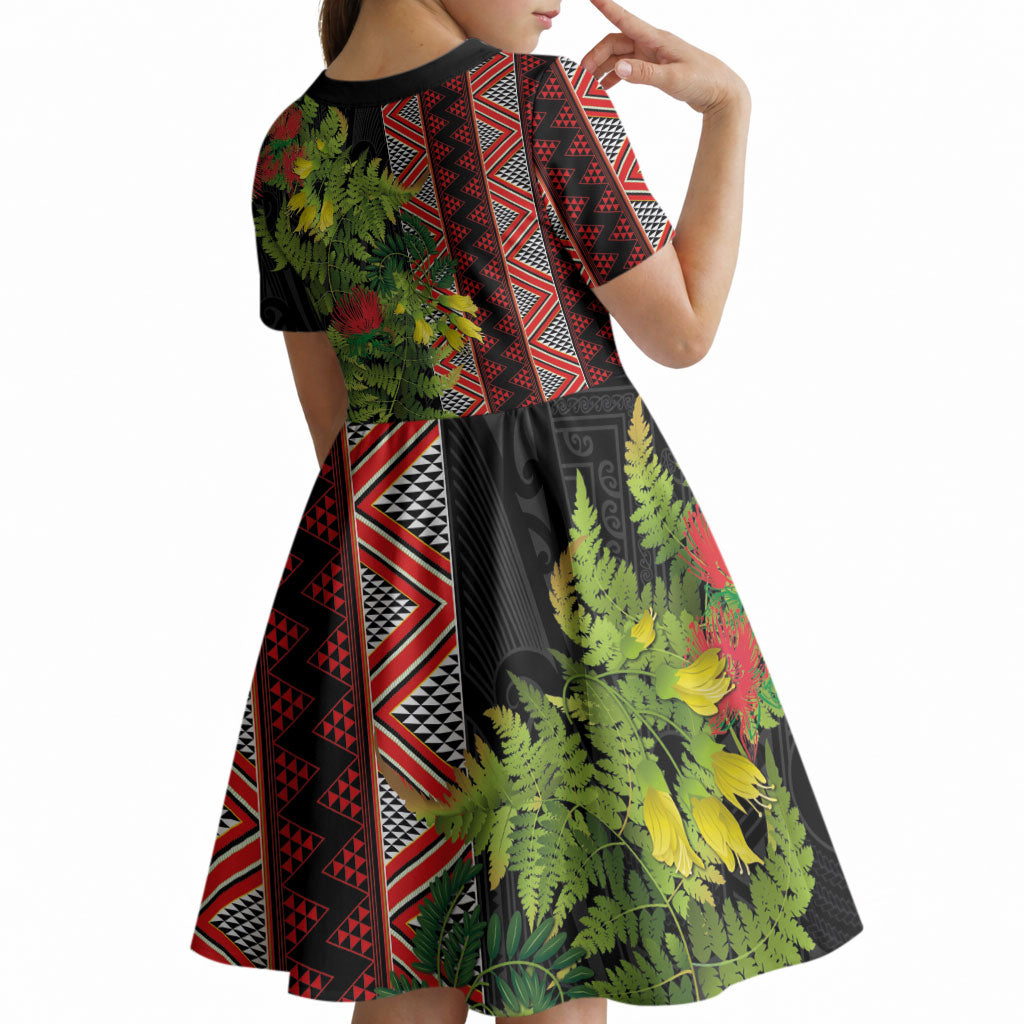 Maori Tukutuku Kid Short Sleeve Dress with Ferns Pohutukawa and Kowhai Tribal Moko Patterns LT03 - Polynesian Pride