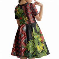 Maori Tukutuku Kid Short Sleeve Dress with Ferns Pohutukawa and Kowhai Tribal Moko Patterns LT03 - Polynesian Pride