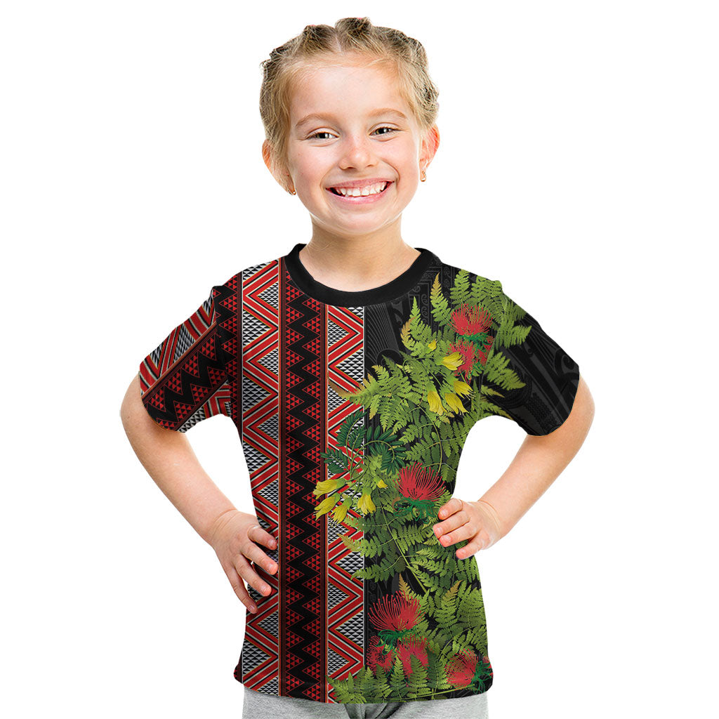 Maori Tukutuku Kid T Shirt with Ferns Pohutukawa and Kowhai Tribal Moko Patterns LT03 Multicolor - Polynesian Pride