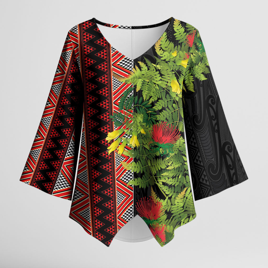 Maori Tukutuku Kimono Sleeve Blouse with Ferns Pohutukawa and Kowhai Tribal Moko Patterns LT03 Female Multicolor - Polynesian Pride