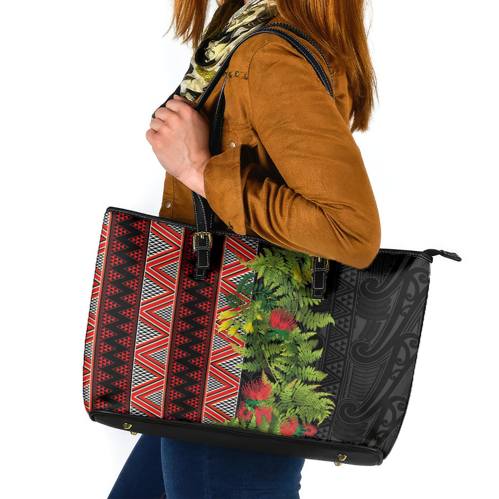 Maori Tukutuku Leather Tote Bag with Ferns Pohutukawa and Kowhai Tribal Moko Patterns LT03 Multicolor - Polynesian Pride
