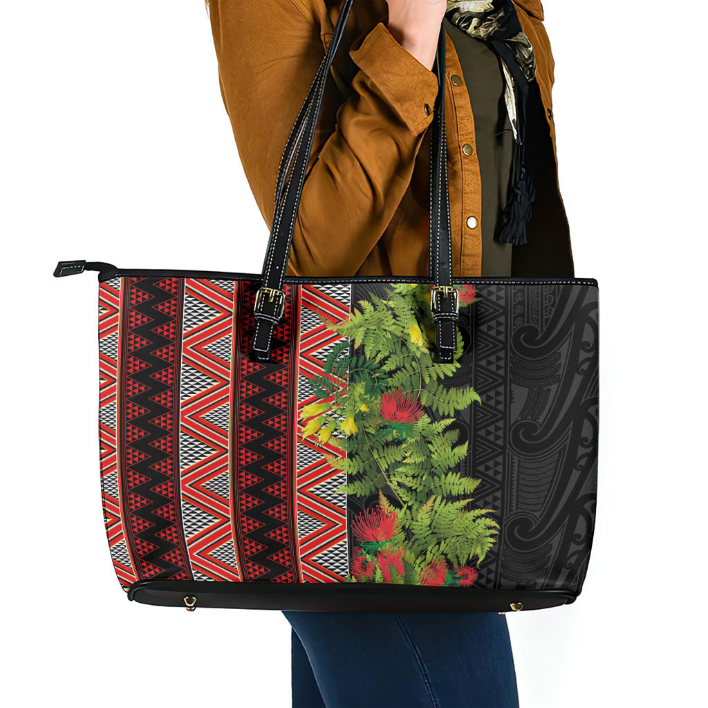 Maori Tukutuku Leather Tote Bag with Ferns Pohutukawa and Kowhai Tribal Moko Patterns LT03 - Polynesian Pride
