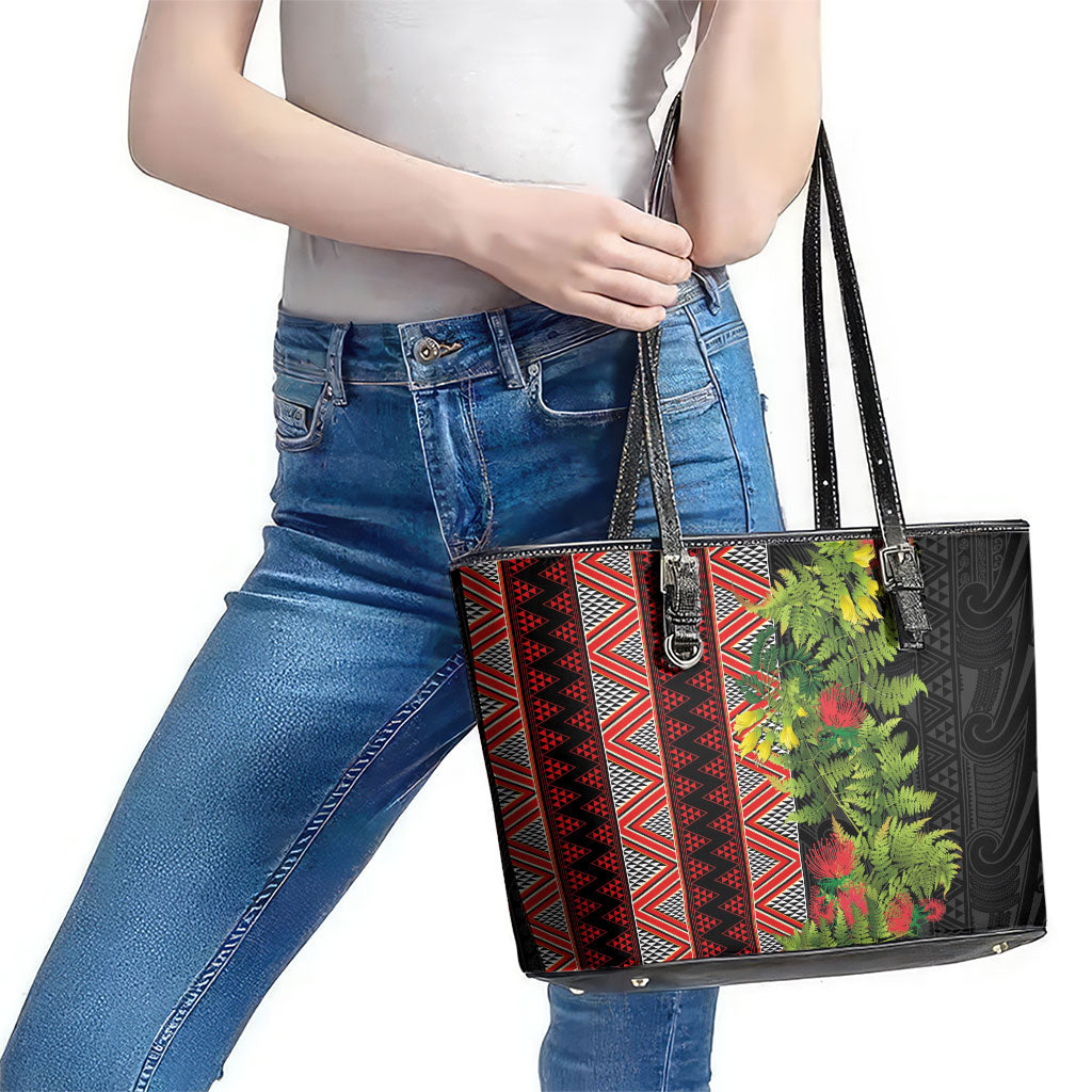 Maori Tukutuku Leather Tote Bag with Ferns Pohutukawa and Kowhai Tribal Moko Patterns LT03 - Polynesian Pride