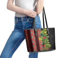 Maori Tukutuku Leather Tote Bag with Ferns Pohutukawa and Kowhai Tribal Moko Patterns LT03 - Polynesian Pride