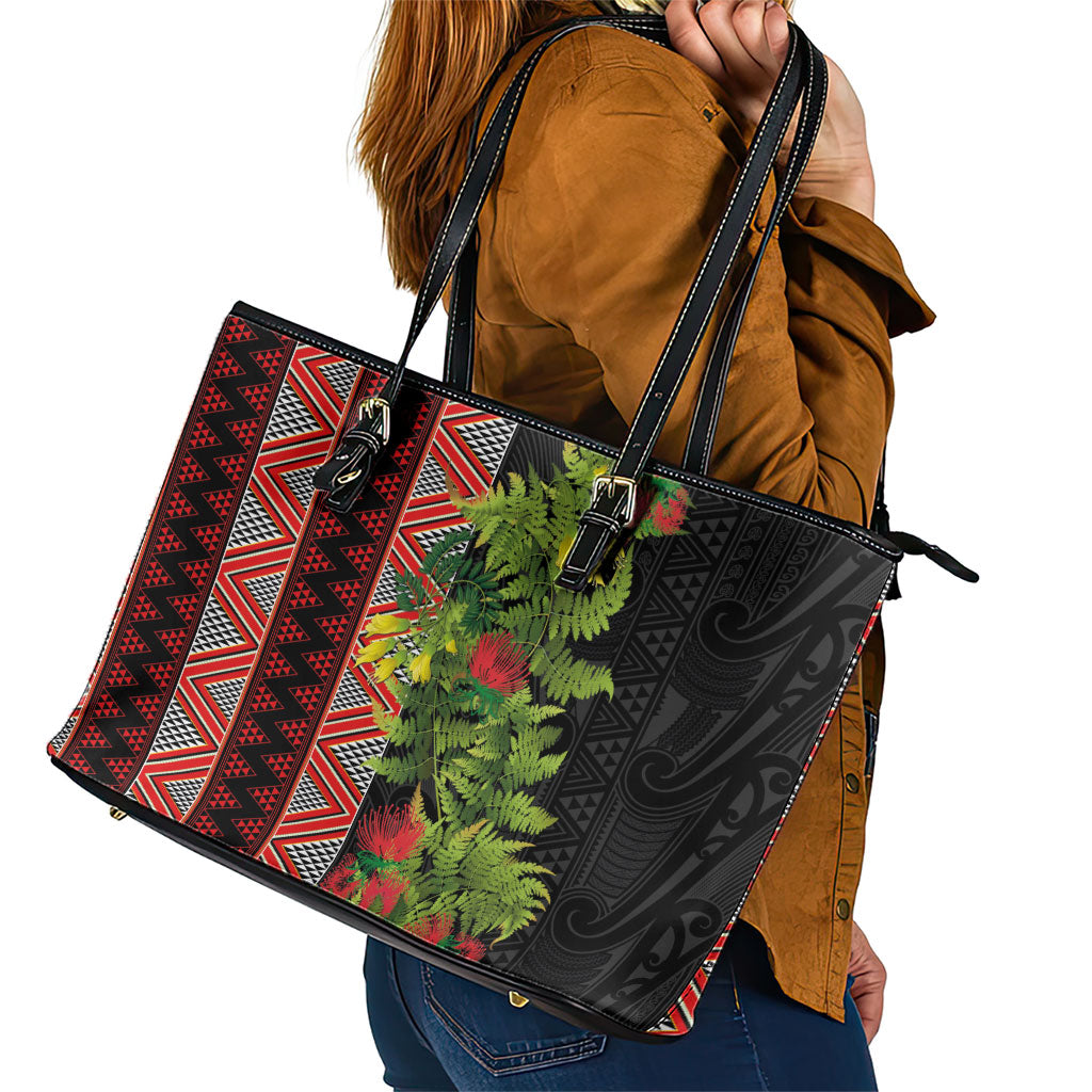 Maori Tukutuku Leather Tote Bag with Ferns Pohutukawa and Kowhai Tribal Moko Patterns LT03 - Polynesian Pride