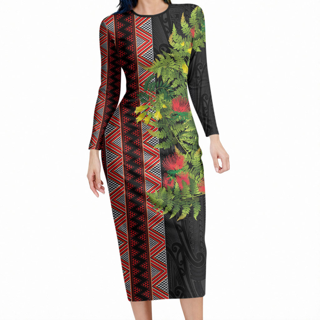 Maori Tukutuku Long Sleeve Bodycon Dress with Ferns Pohutukawa and Kowhai Tribal Moko Patterns LT03 Long Dress Multicolor - Polynesian Pride