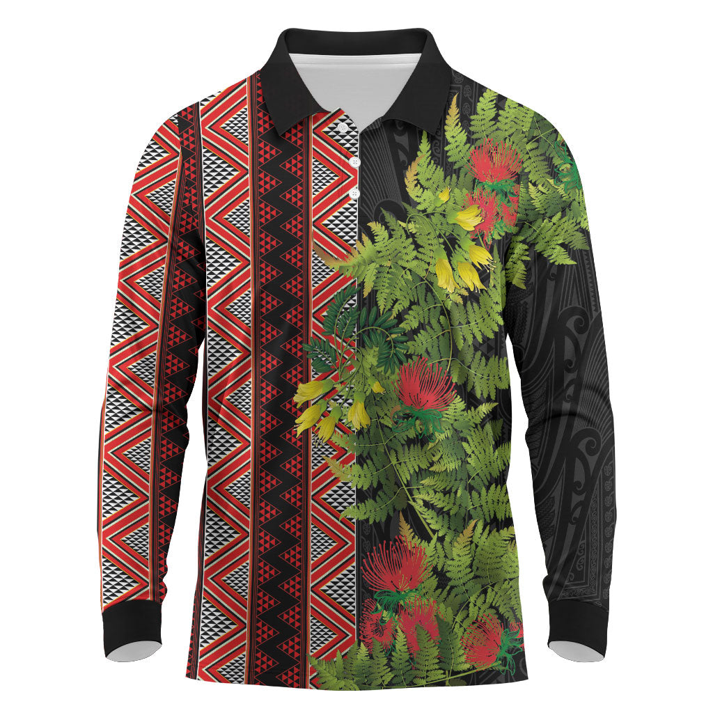 Maori Tukutuku Long Sleeve Polo Shirt with Ferns Pohutukawa and Kowhai Tribal Moko Patterns LT03 Multicolor - Polynesian Pride