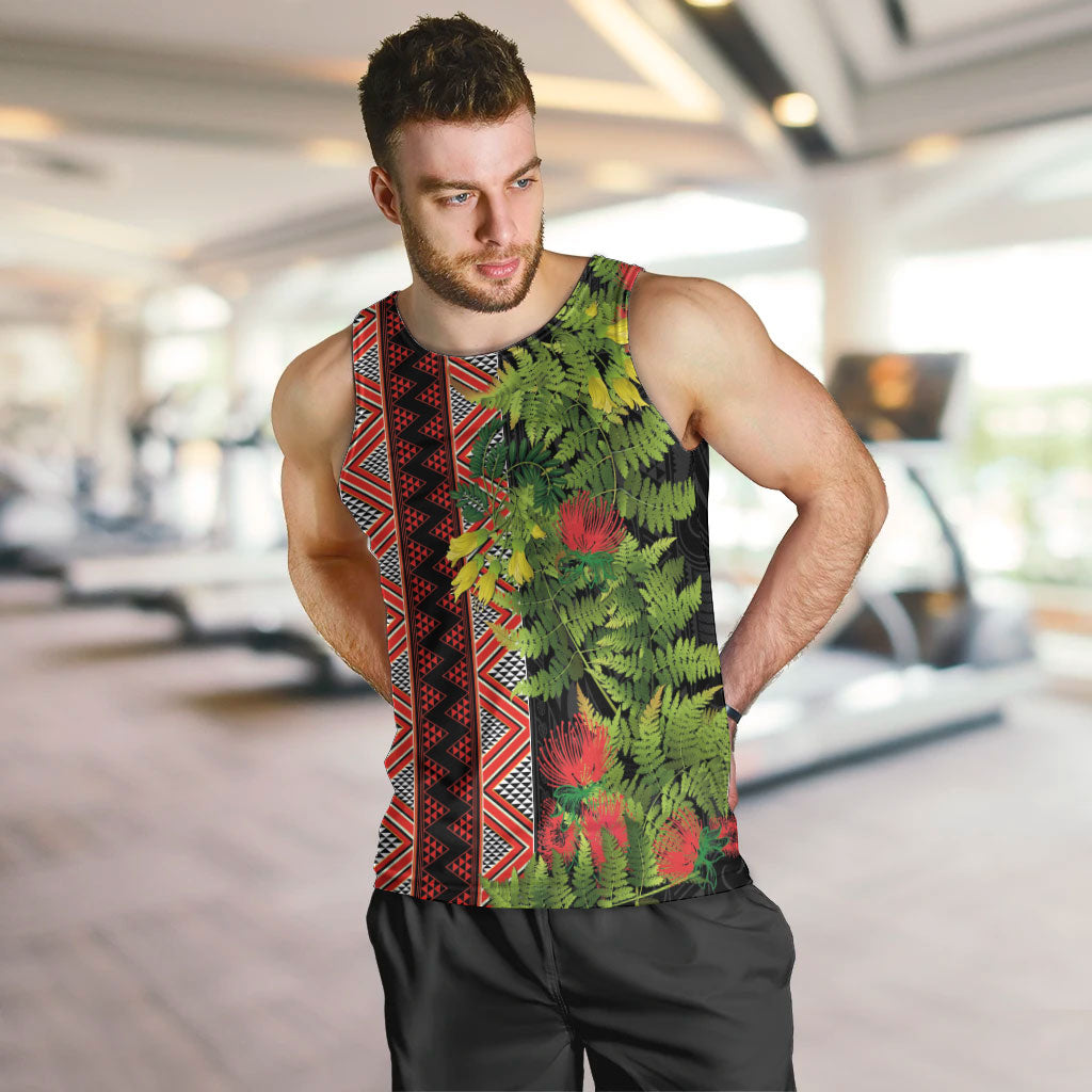 Maori Tukutuku Men Tank Top with Ferns Pohutukawa and Kowhai Tribal Moko Patterns LT03 Multicolor - Polynesian Pride