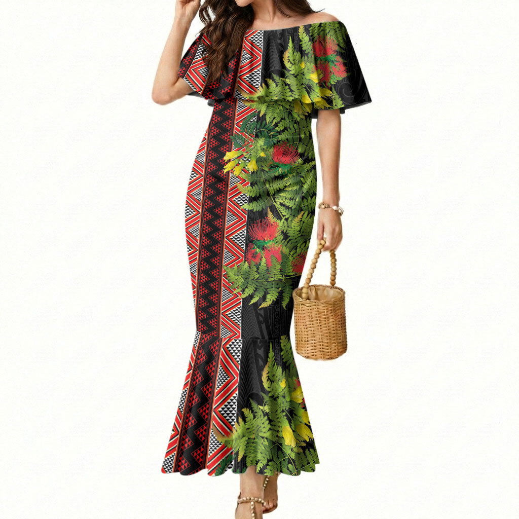 Maori Tukutuku Mermaid Dress with Ferns Pohutukawa and Kowhai Tribal Moko Patterns LT03 Women Multicolor - Polynesian Pride