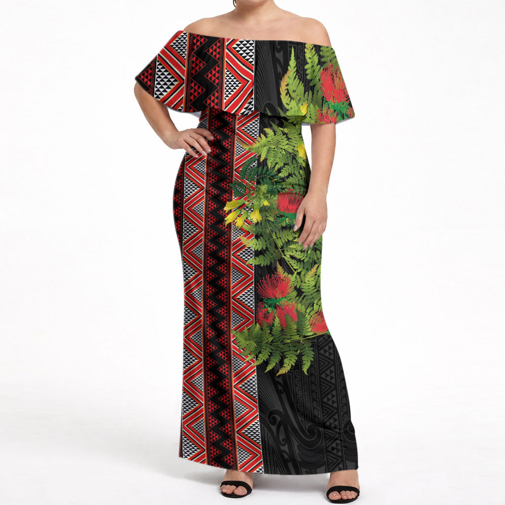 Maori Tukutuku Off Shoulder Maxi Dress with Ferns Pohutukawa and Kowhai Tribal Moko Patterns LT03 Women Multicolor - Polynesian Pride