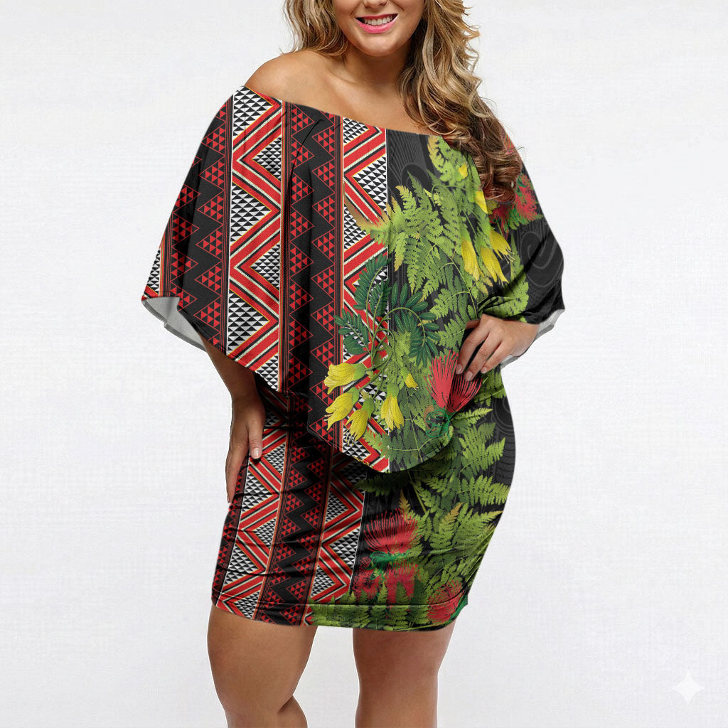Maori Tukutuku Off Shoulder Short Dress with Ferns Pohutukawa and Kowhai Tribal Moko Patterns LT03 Women Multicolor - Polynesian Pride