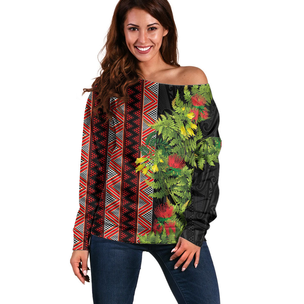 Maori Tukutuku Off Shoulder Sweater with Ferns Pohutukawa and Kowhai Tribal Moko Patterns LT03 Women Multicolor - Polynesian Pride