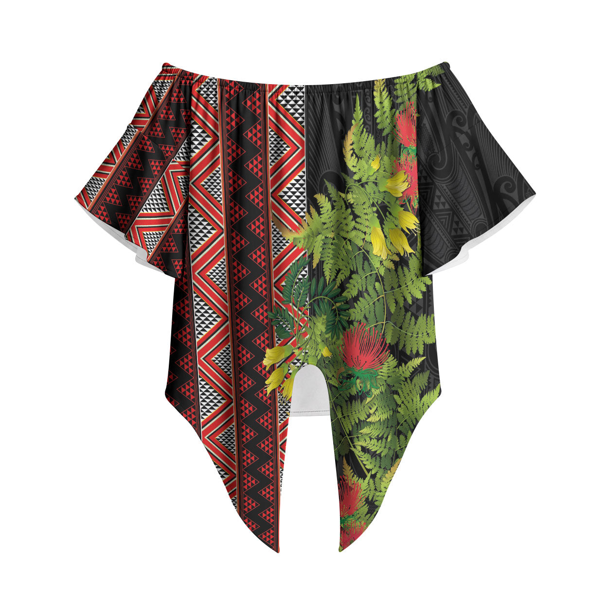 Maori Tukutuku Off Shoulder Wrap Waist Top with Ferns Pohutukawa and Kowhai Tribal Moko Patterns LT03 Multicolor - Polynesian Pride