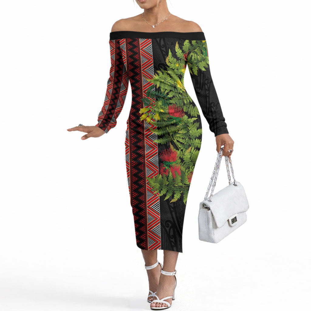 Maori Tukutuku Off The Shoulder Long Sleeve Dress with Ferns Pohutukawa and Kowhai Tribal Moko Patterns LT03 Women Multicolor - Polynesian Pride