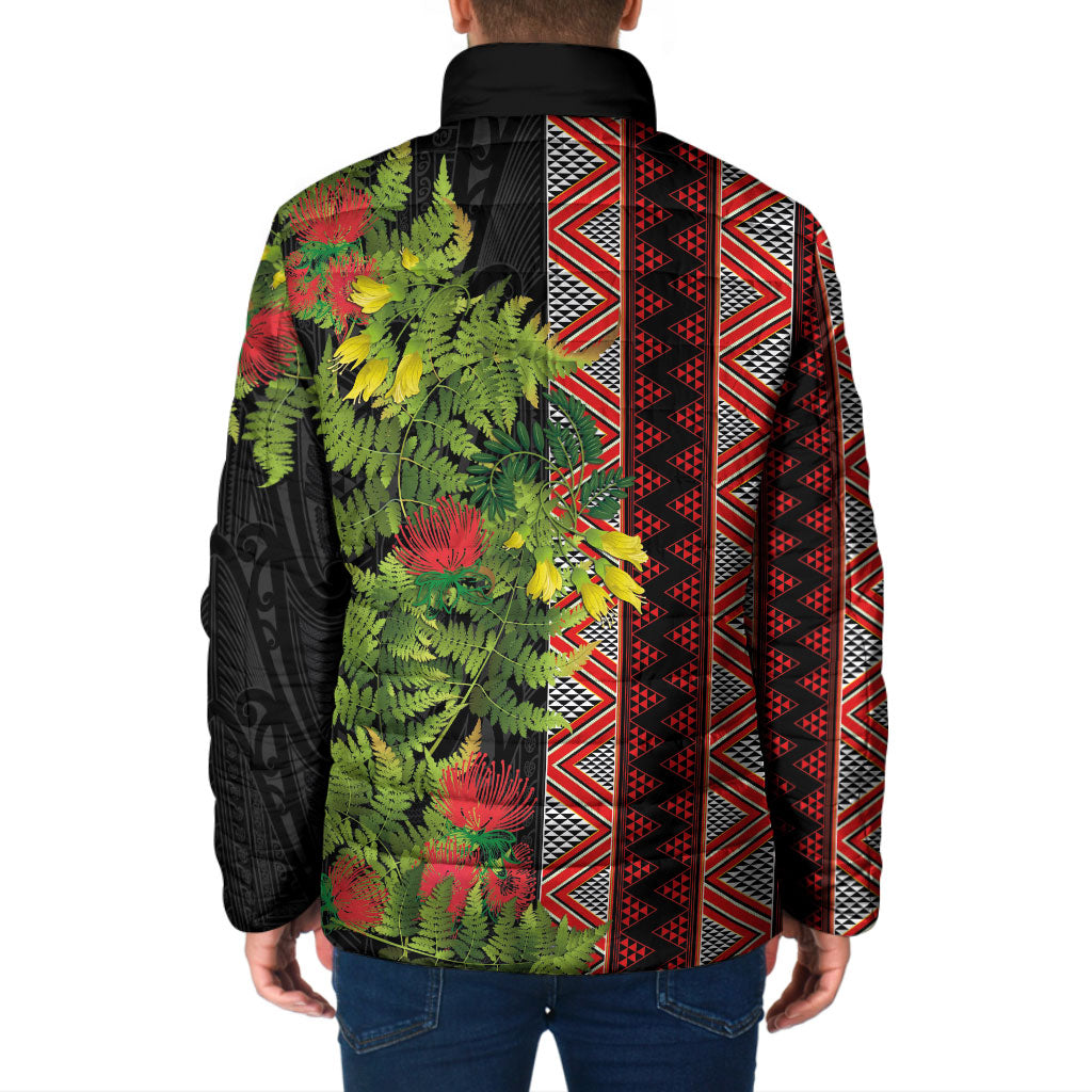 Maori Tukutuku Padded Jacket with Ferns Pohutukawa and Kowhai Tribal Moko Patterns