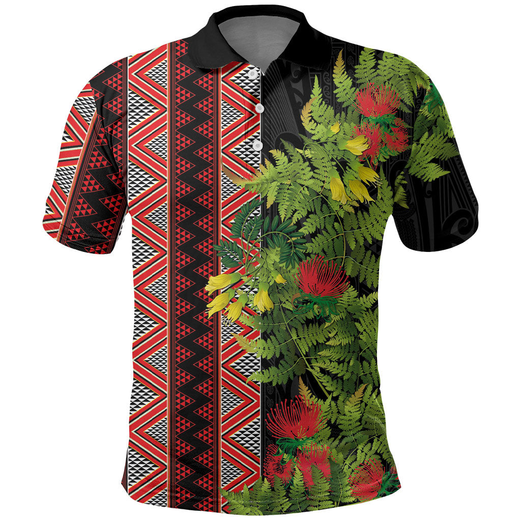Maori Tukutuku Polo Shirt with Ferns Pohutukawa and Kowhai Tribal Moko Patterns LT03 Multicolor - Polynesian Pride