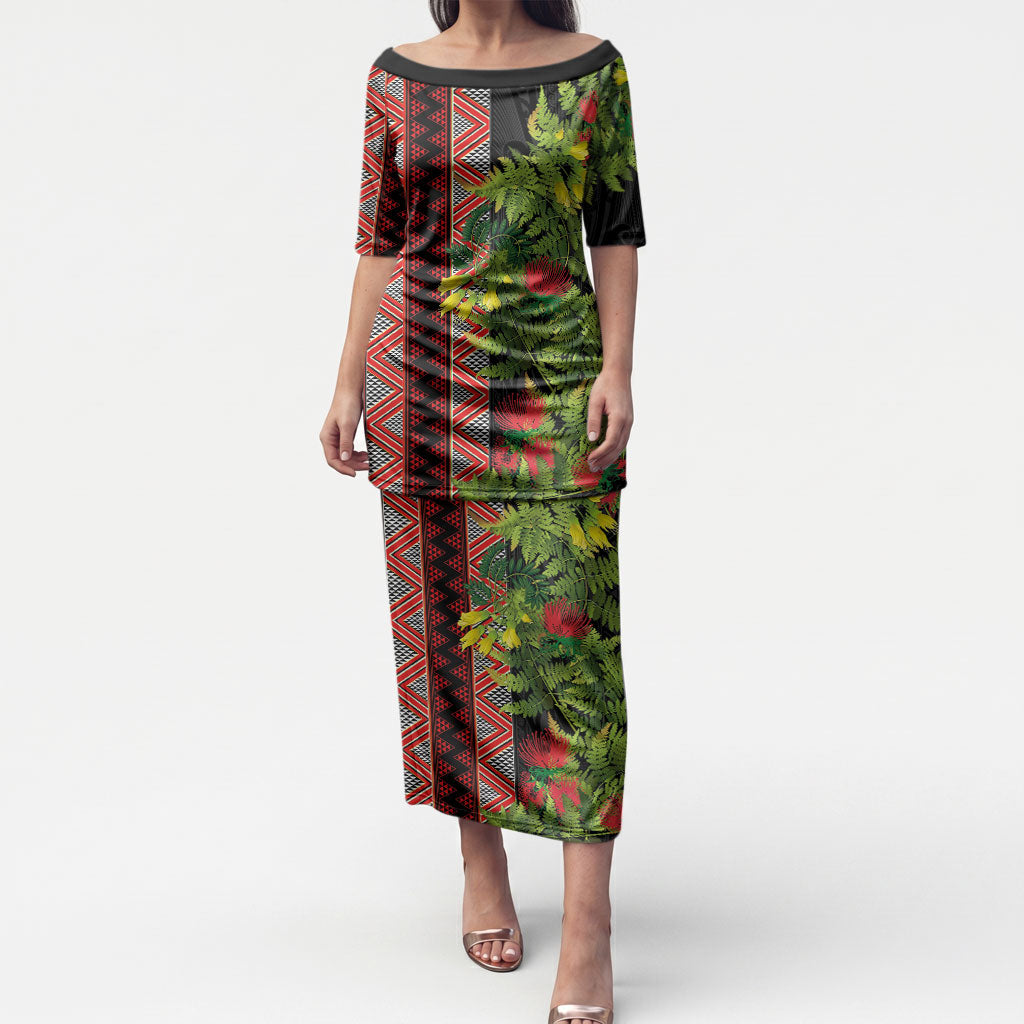 Maori Tukutuku Puletasi with Ferns Pohutukawa and Kowhai Tribal Moko Patterns LT03 Long Dress Multicolor - Polynesian Pride