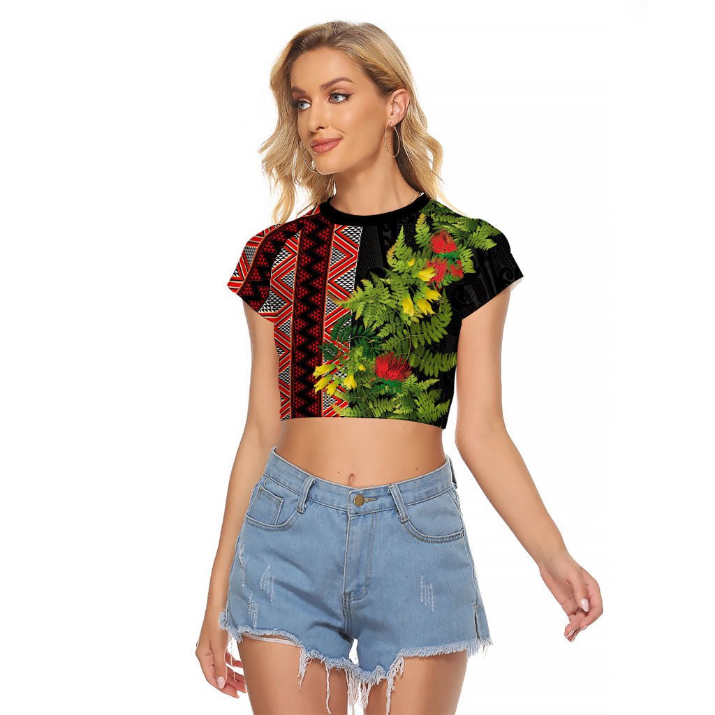 Maori Tukutuku Raglan Cropped T Shirt with Ferns Pohutukawa and Kowhai Tribal Moko Patterns LT03 Female Multicolor - Polynesian Pride