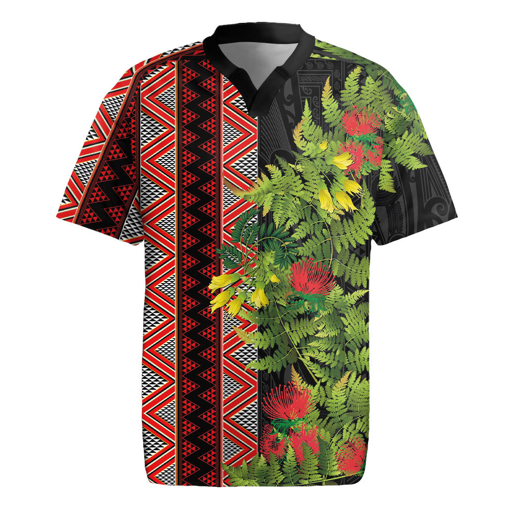 Maori Tukutuku Rugby Jersey with Ferns Pohutukawa and Kowhai Tribal Moko Patterns LT03 Multicolor - Polynesian Pride