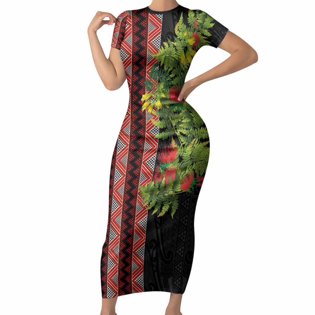 Maori Tukutuku Short Sleeve Bodycon Dress with Ferns Pohutukawa and Kowhai Tribal Moko Patterns LT03 Long Dress Multicolor - Polynesian Pride