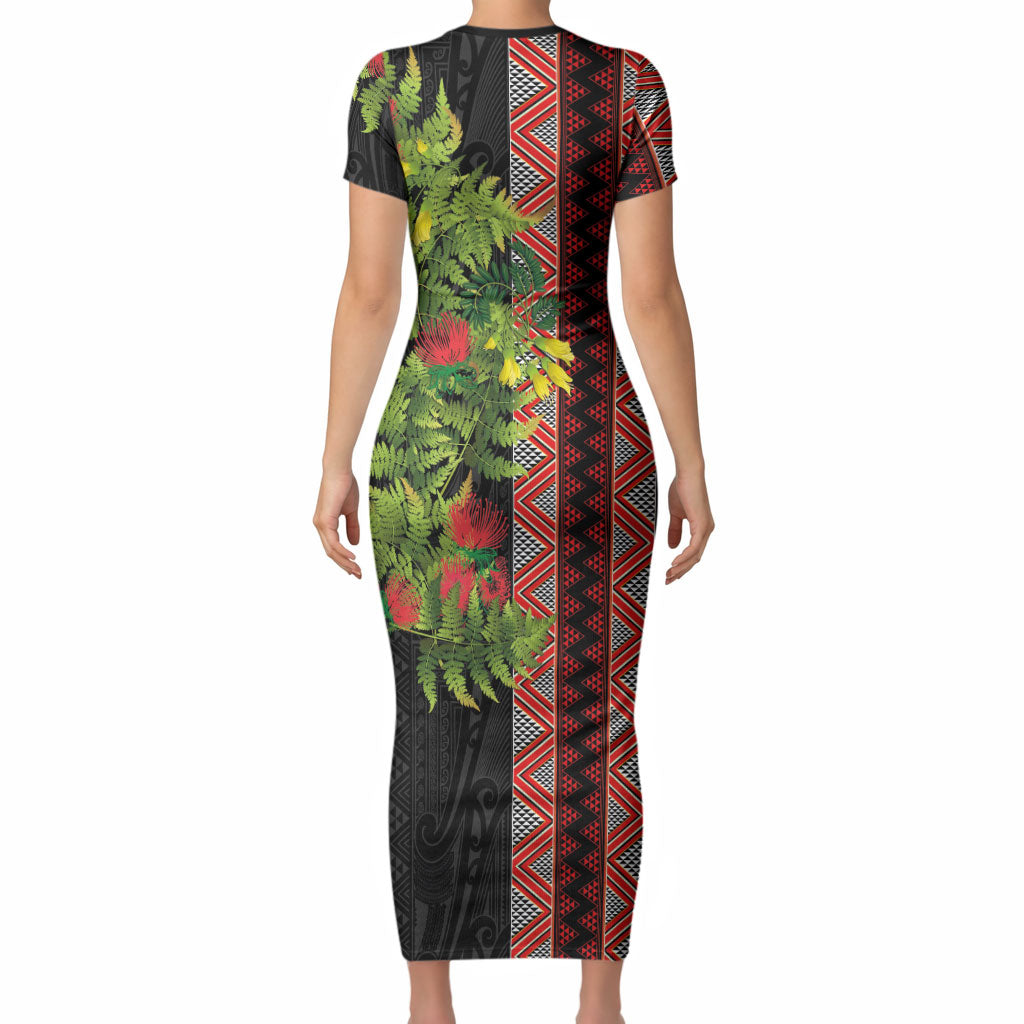 Maori Tukutuku Short Sleeve Bodycon Dress with Ferns Pohutukawa and Kowhai Tribal Moko Patterns LT03 - Polynesian Pride
