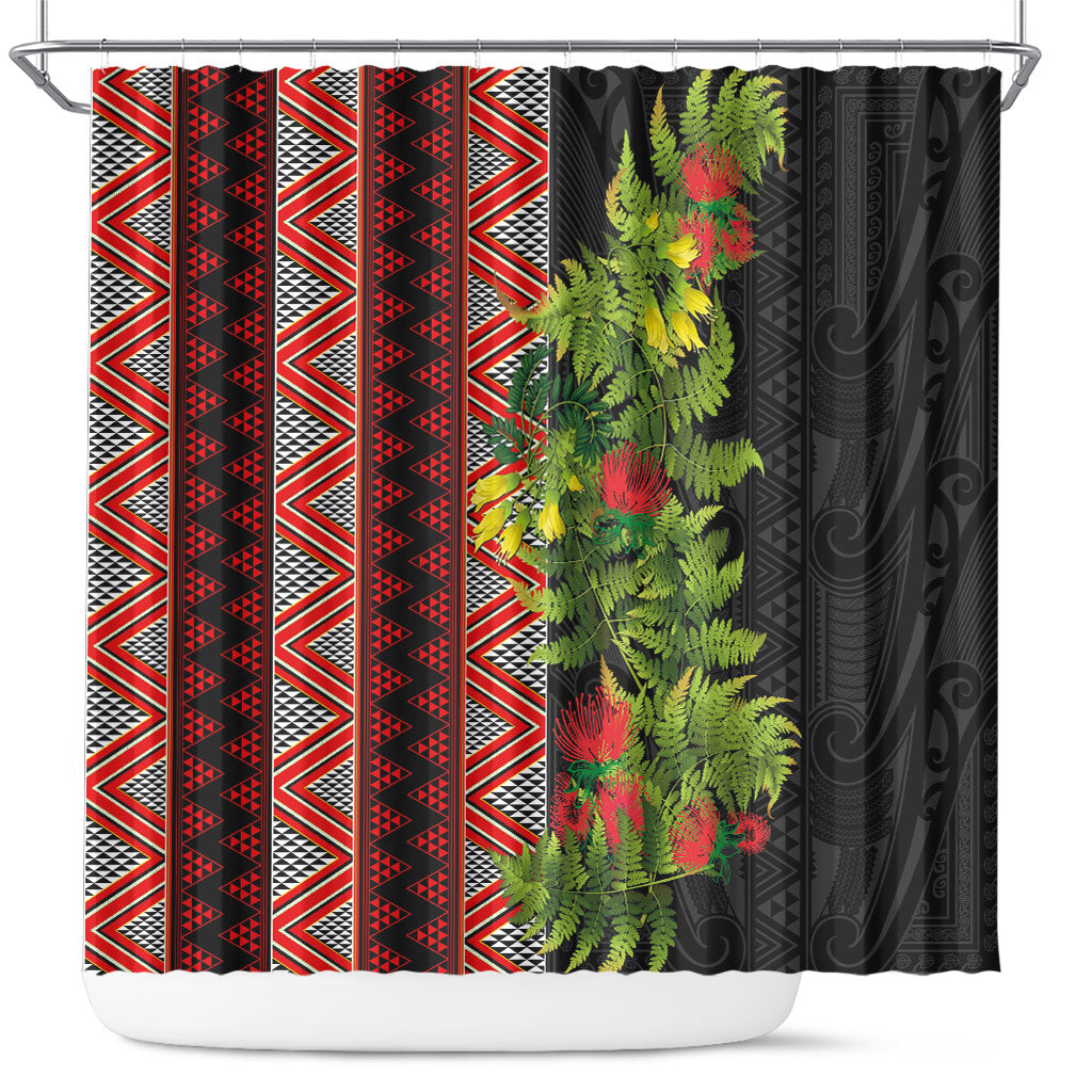 Maori Tukutuku Shower Curtain with Ferns Pohutukawa and Kowhai Tribal Moko Patterns LT03 Multicolor - Polynesian Pride