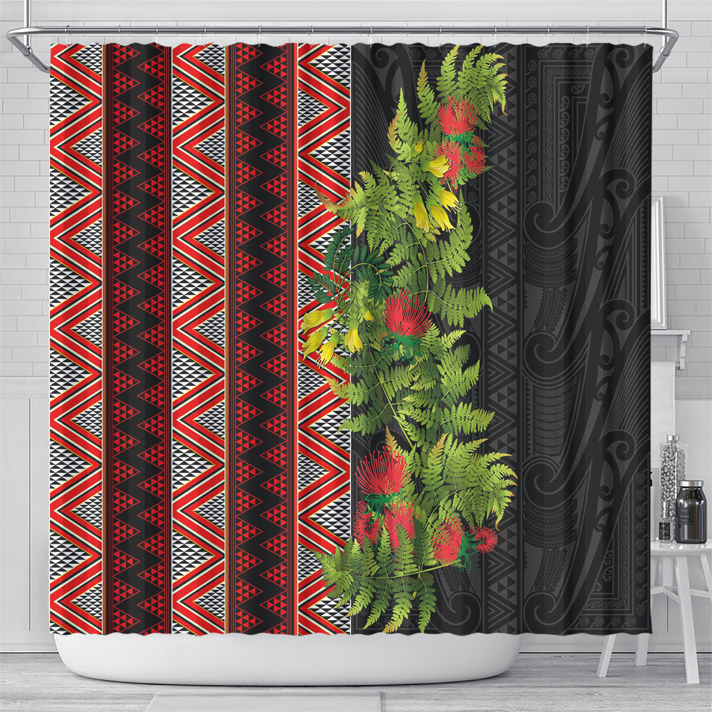 Maori Tukutuku Shower Curtain with Ferns Pohutukawa and Kowhai Tribal Moko Patterns LT03 - Polynesian Pride