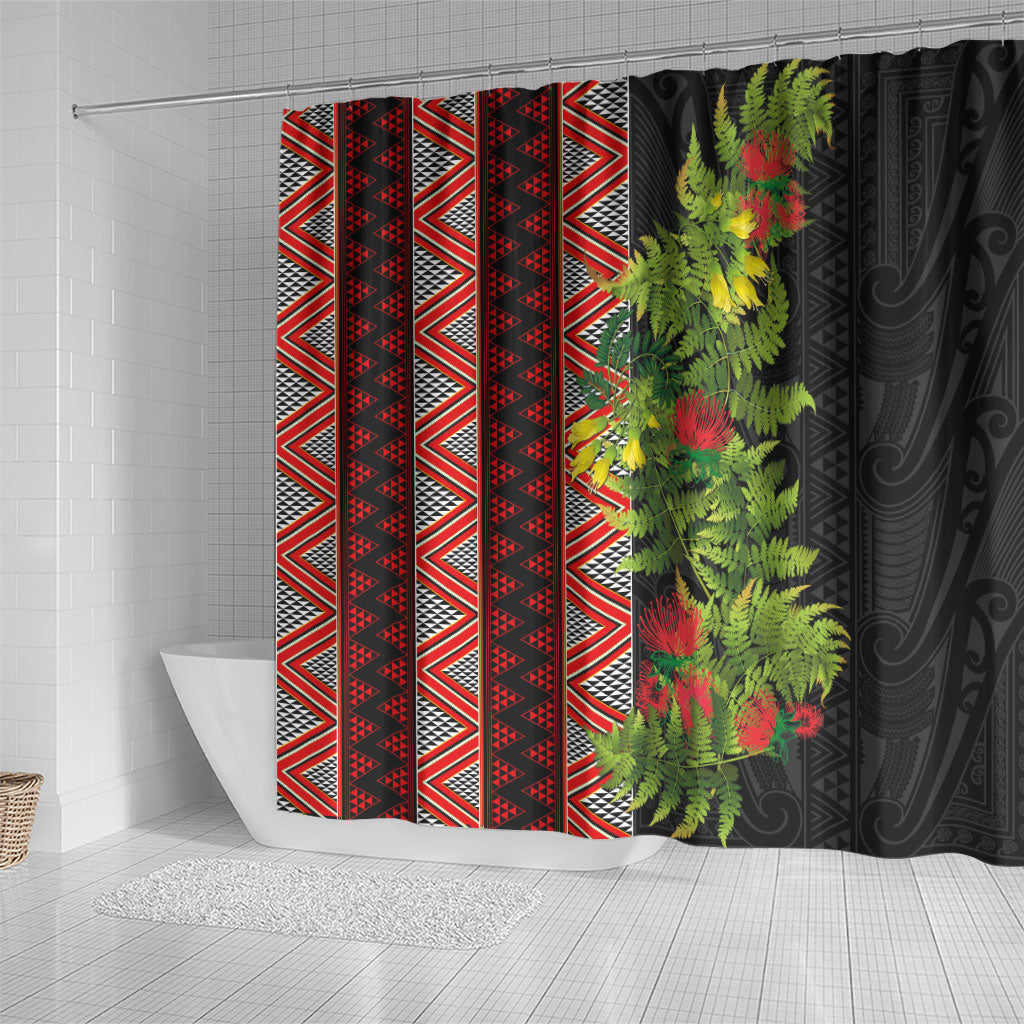 Maori Tukutuku Shower Curtain with Ferns Pohutukawa and Kowhai Tribal Moko Patterns LT03 - Polynesian Pride