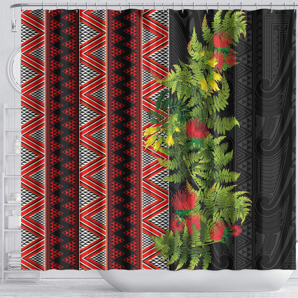 Maori Tukutuku Shower Curtain with Ferns Pohutukawa and Kowhai Tribal Moko Patterns LT03 - Polynesian Pride