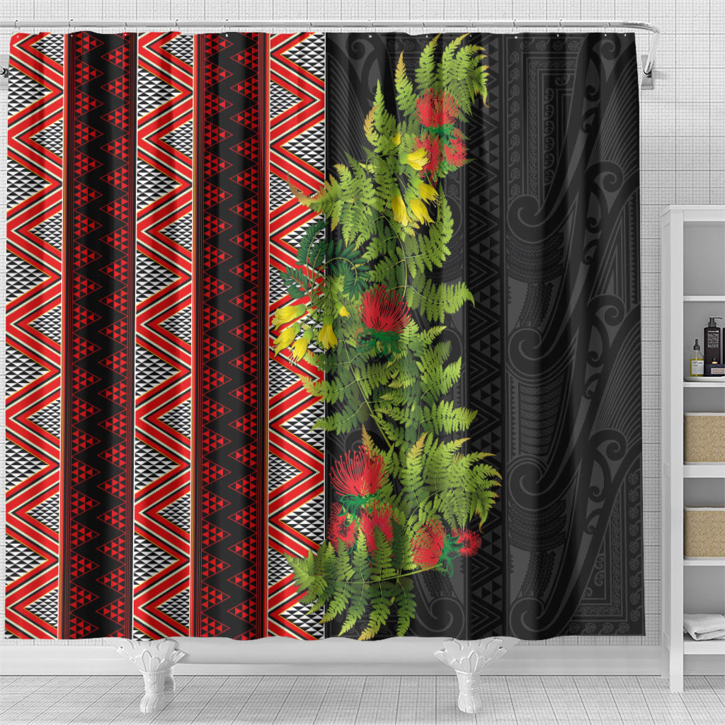Maori Tukutuku Shower Curtain with Ferns Pohutukawa and Kowhai Tribal Moko Patterns LT03 - Polynesian Pride