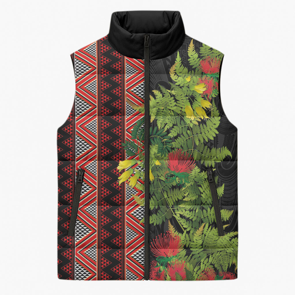 Maori Tukutuku Sleeveless Puffer Jacket with Ferns Pohutukawa and Kowhai Tribal Moko Patterns LT03 Unisex Multicolor - Polynesian Pride